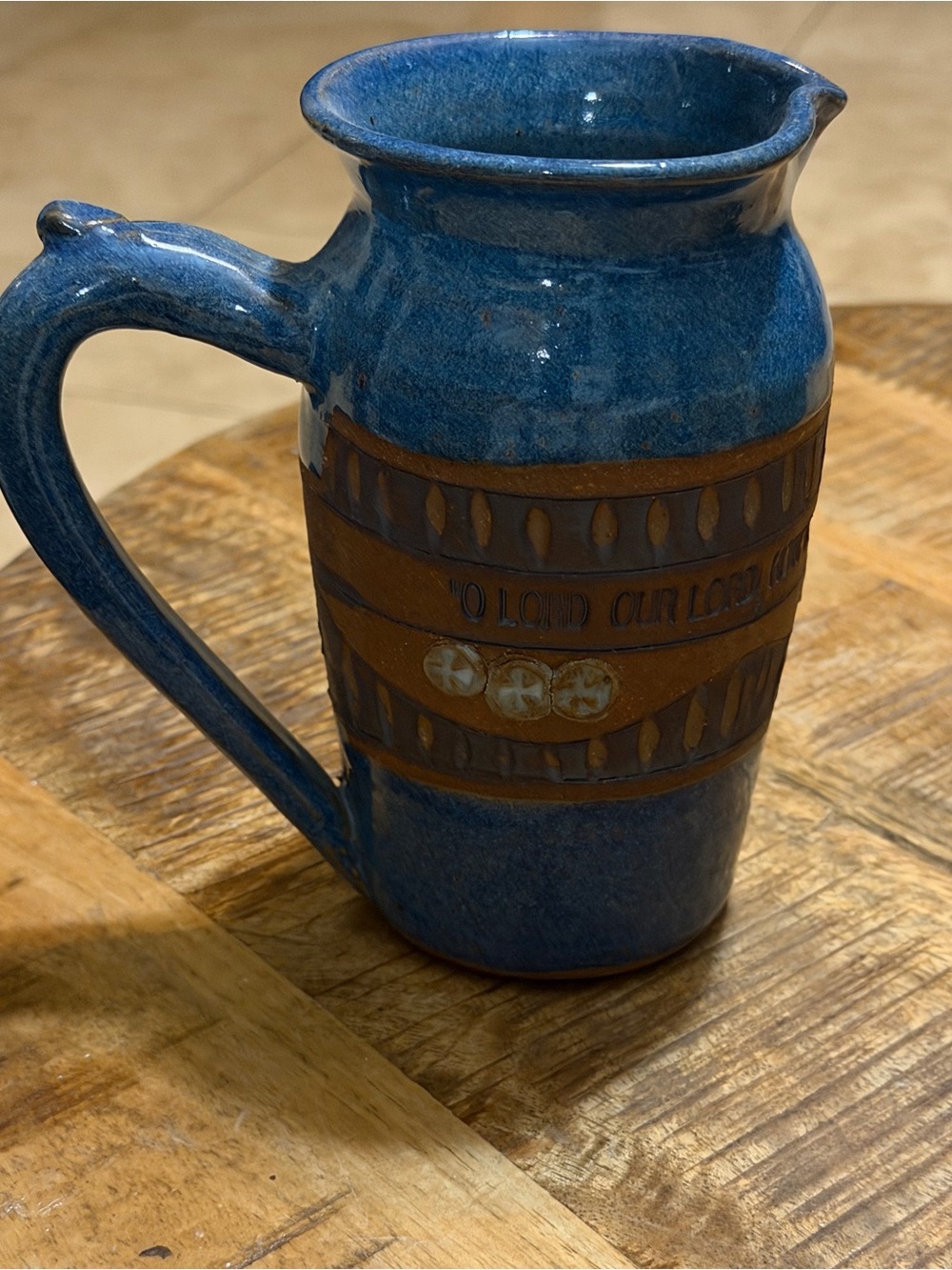 Signed Handmade Blue Stoneware Pitcher, Psalm 8:1, 8” Tall
